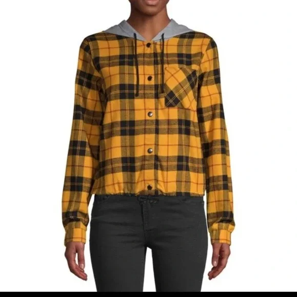 No Boundaries Cinched Waist Plaid Hoodie Yellow med plaid button on snap 💛 - Picture 1 of 11
